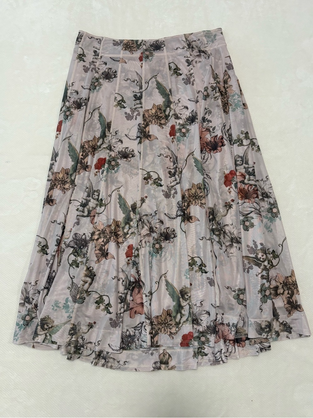 Pilcro Floral A-Line Pleated Midi Skirt in Light Gray with Green and Red Accents